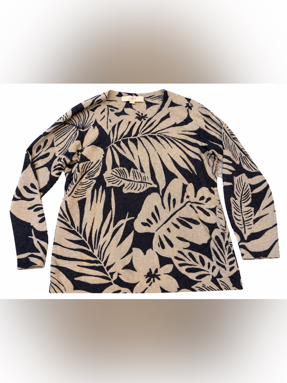 LOFT Italian yarn Beige and Navy Tropical-Print Crewneck Sweater